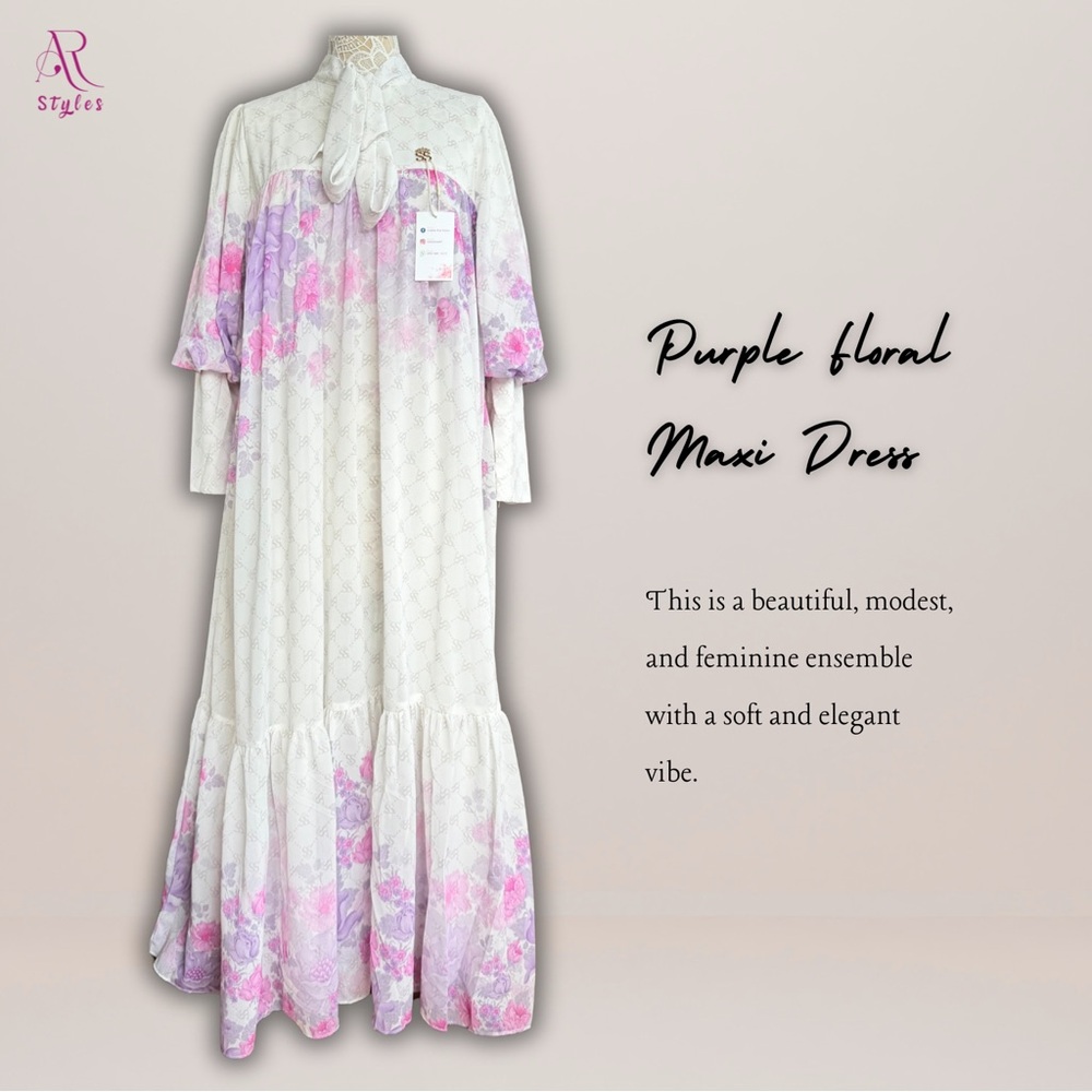 NWT Purple Floral Maxi Dress with Tie Neck